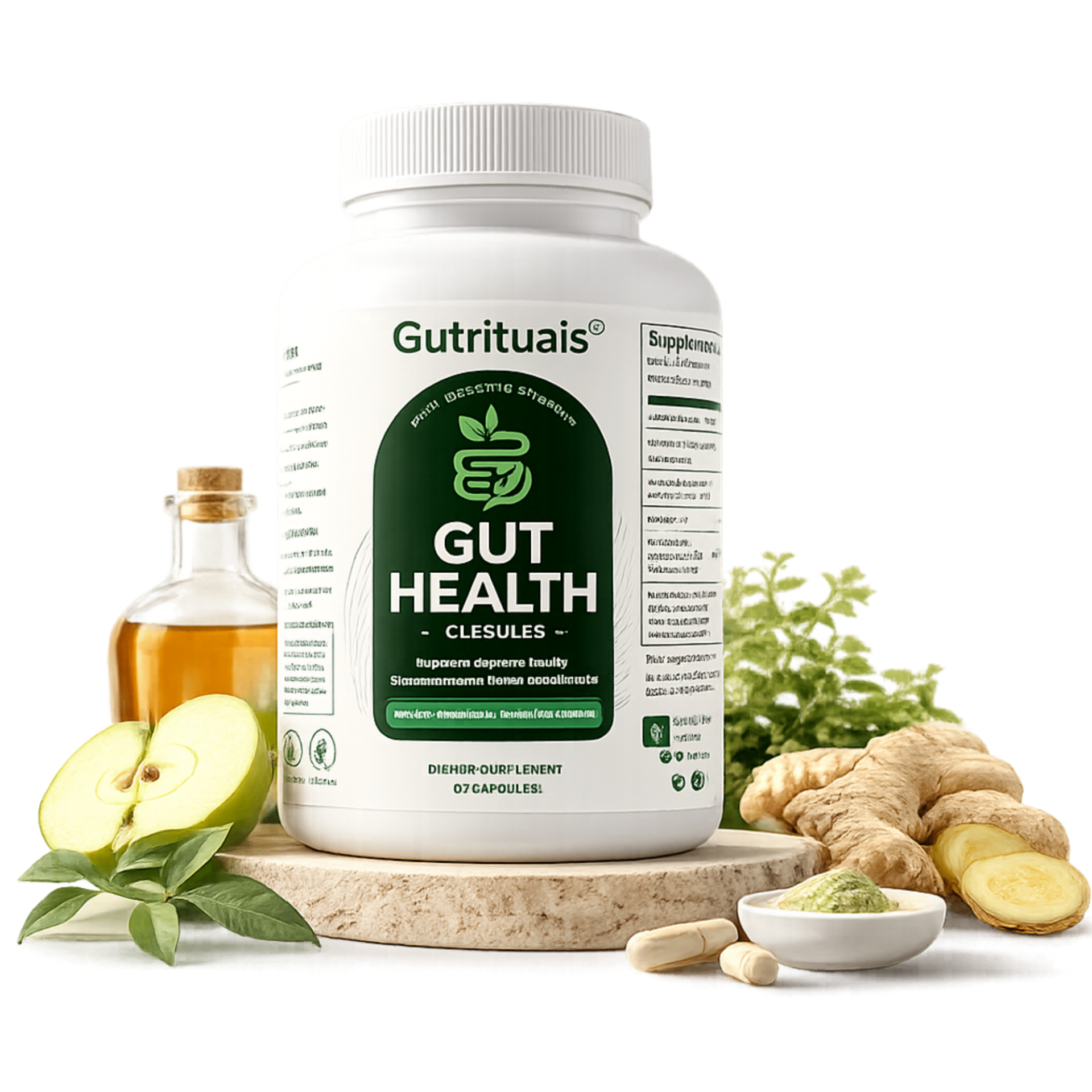 Gut Rituals Gut Health Capsules bottle surrounded by apple, ginger and botanical ingredients
